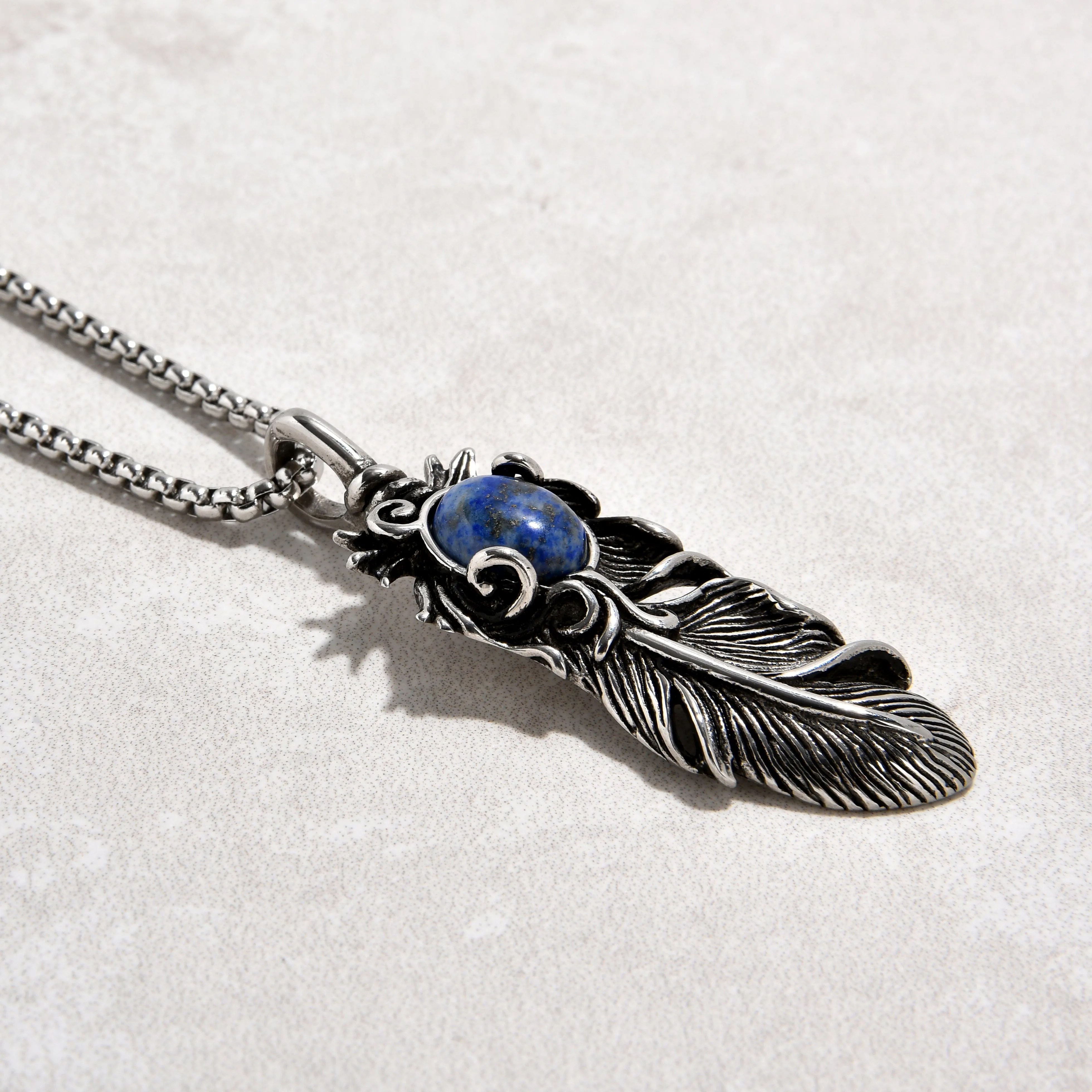 Silver Lapis Feather Steel Hearts Necklace