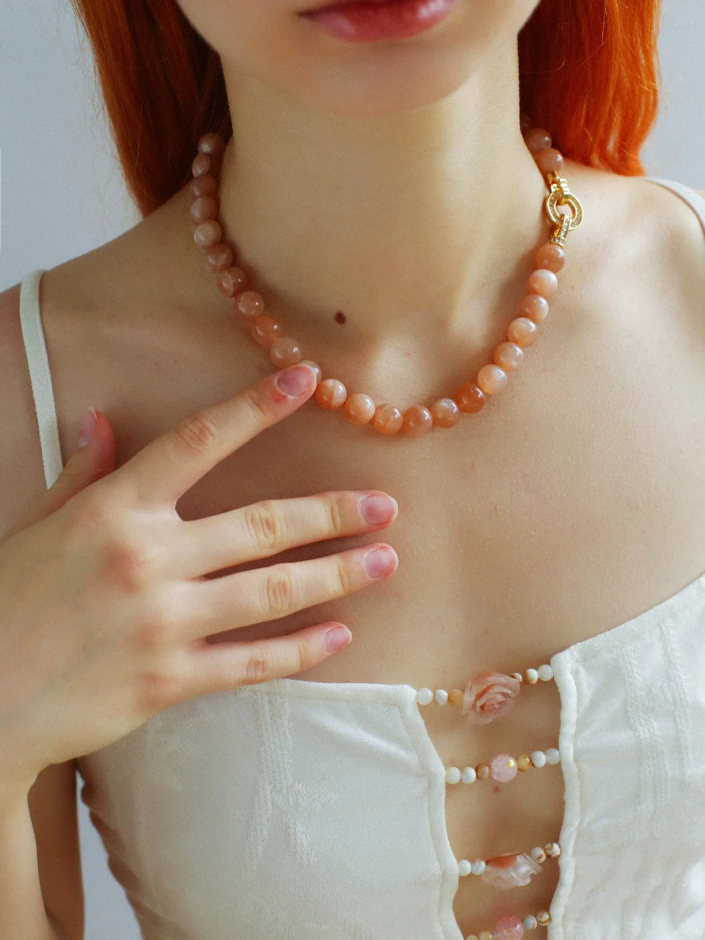 Smooth Round Sunstone Beaded  Choker Necklace