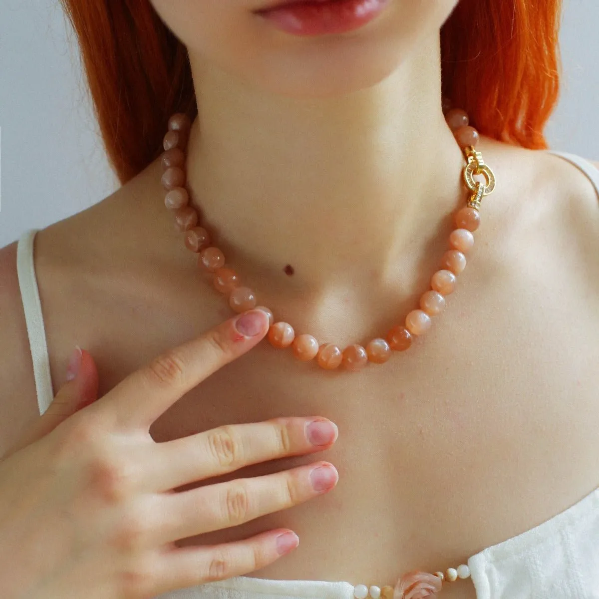 Smooth Round Sunstone Beaded  Choker Necklace