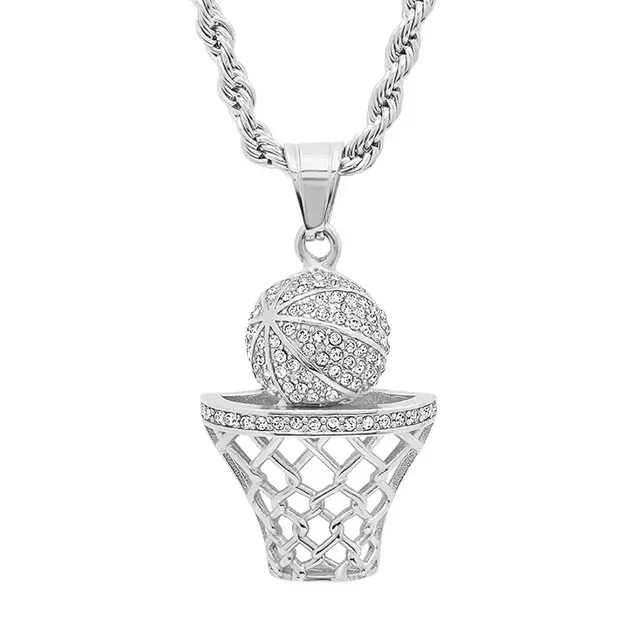 SteelTime Men's 18K Silver Plated Stainless Steel Basketball Hoop Chain Pendant Necklace