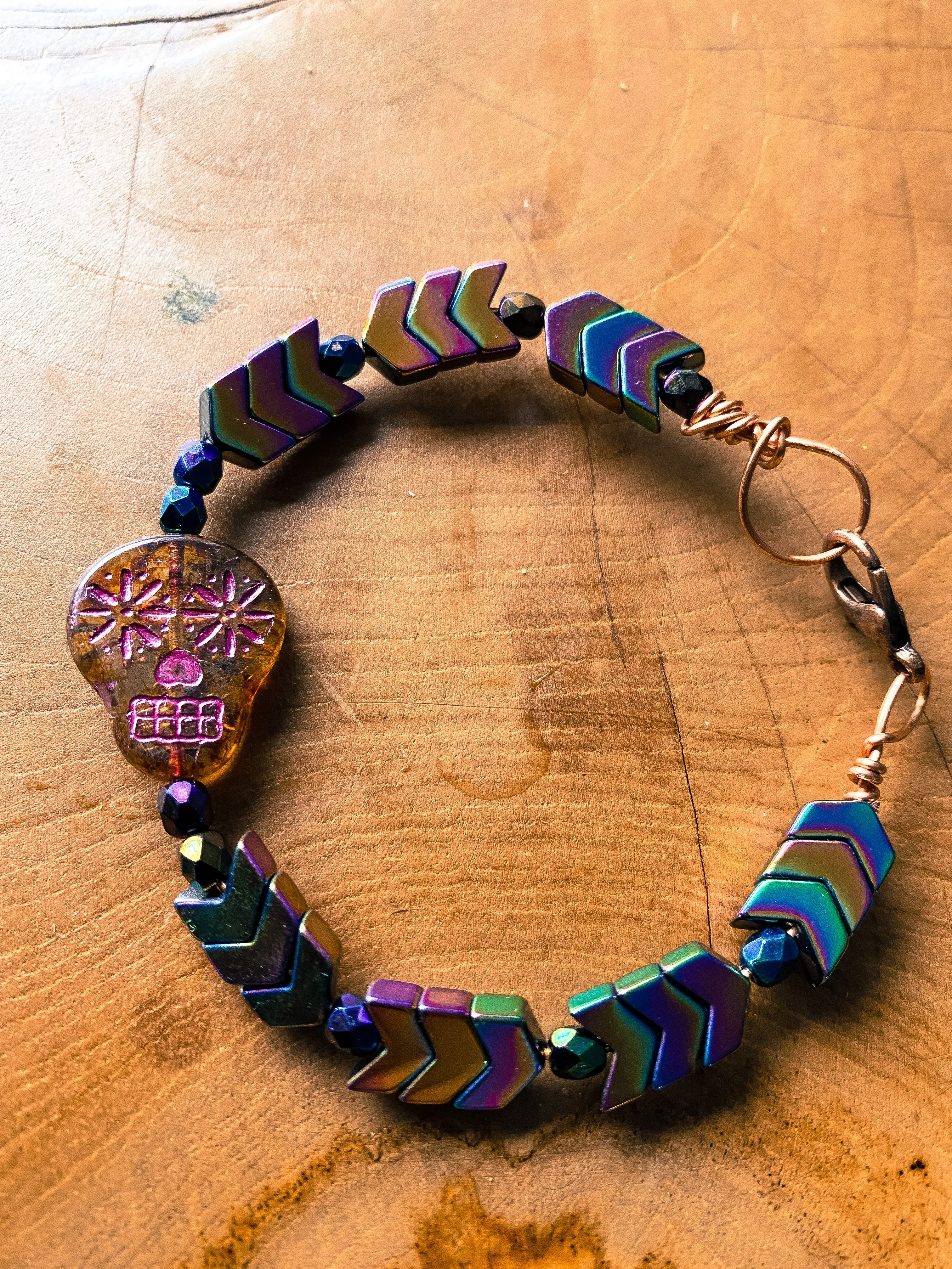 Sugar Skull Tan Rainbow Prism Arrow Bracelet in Memory Wire