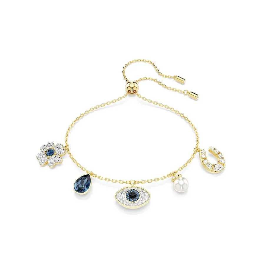 Symbolica Gold-tone Plated Clover Evil Eye, Horseshoe Blue Crystal Pearl Bracelet 5692162