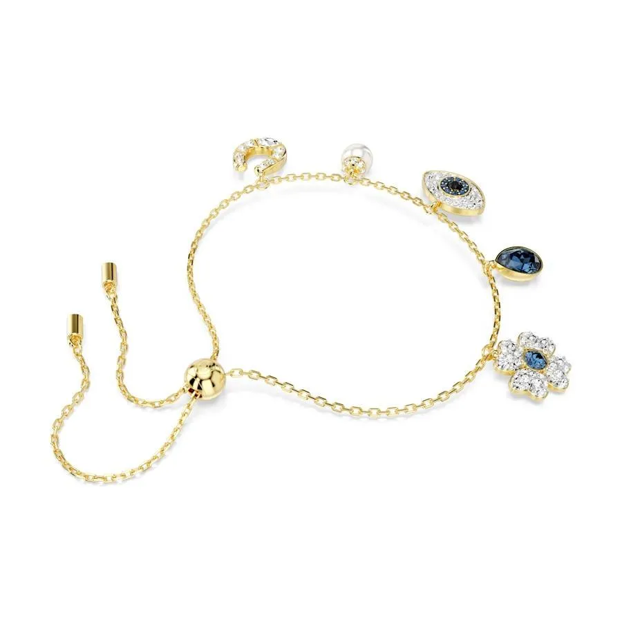 Symbolica Gold-tone Plated Clover Evil Eye, Horseshoe Blue Crystal Pearl Bracelet 5692162