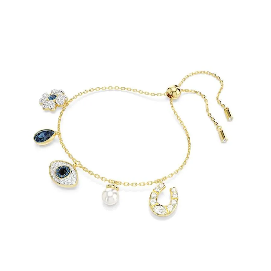 Symbolica Gold-tone Plated Clover Evil Eye, Horseshoe Blue Crystal Pearl Bracelet 5692162