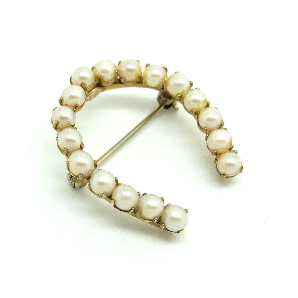 Vintage 1950s Faux Pearl Horseshoe 12KT Gold Filled Brooch