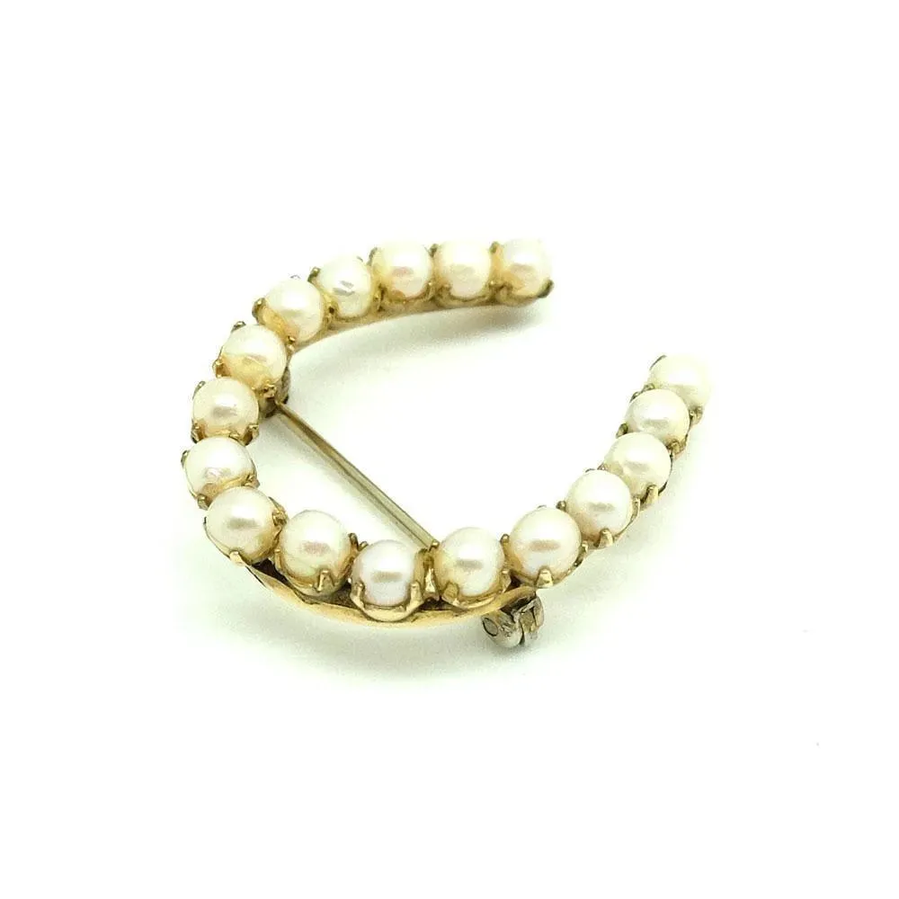 Vintage 1950s Faux Pearl Horseshoe 12KT Gold Filled Brooch