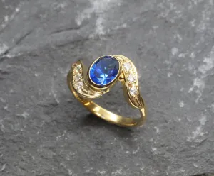 Vintage Sapphire Ring - Gold Antique Band, Oval Sapphire Ring, September Birthstone Ring