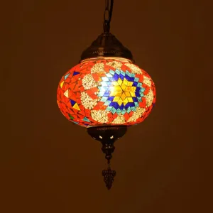 Vintage Stained Glass Spherical Hanging Pendant in Red/Blue/Yellow for Living Room