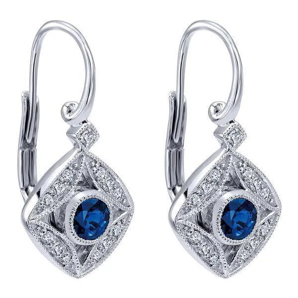 Vintage Style Blue Sapphire Drop Diamond Earrings 1/4 Cttw