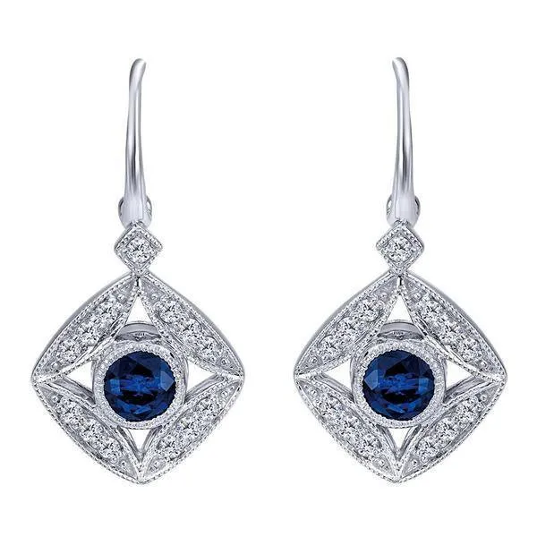 Vintage Style Blue Sapphire Drop Diamond Earrings 1/4 Cttw