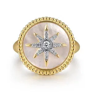 Yellow Gold Mother of Pearl and Diamond Star Signet Ring