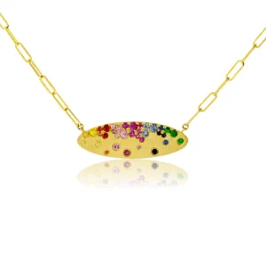 Yellow Gold Satin Finish Flush Set Oval Rainbow Sapphire Necklace